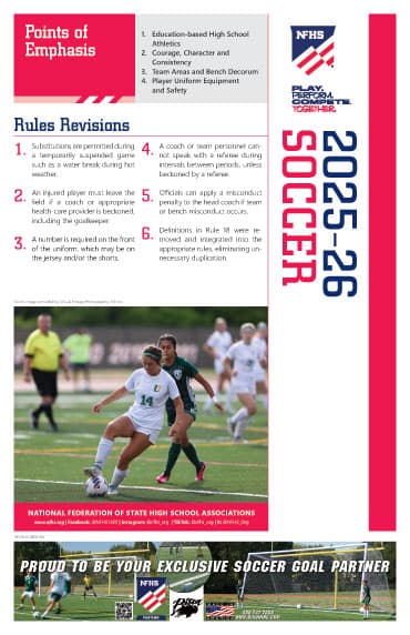 Promotional poster for 2025-26 high school soccer with rules revisions, points of emphasis, and an action photo of a soccer game.